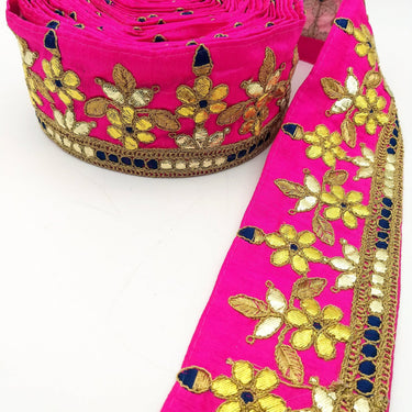 Fuchsia Pink Art Silk Fabric Trim, Blue & Gold Floral Embroidery Gota Patti Indian Sari Border Trim By Yard Decorative Trim Craft Lace